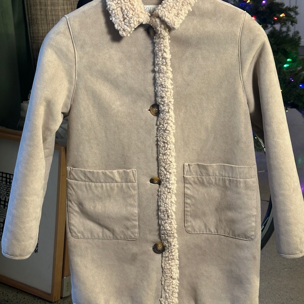 Zara Sherpa Fleece Lined Faux Suede Jacket / Coat - Girls 10 Beige Tan
